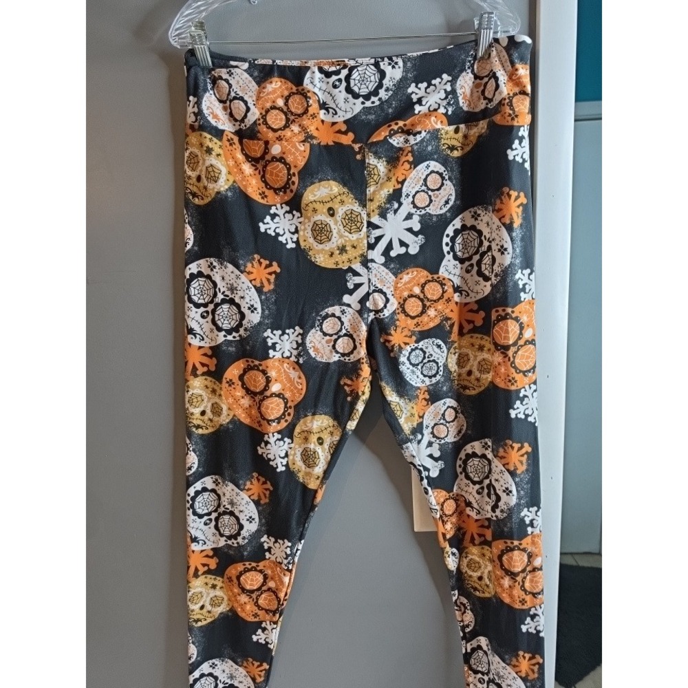 LuLaRoe TC2 Leggings Halloween Sugar Skull Spiderweb Black Orange Plus Size